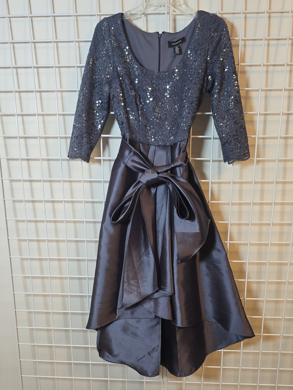 R&M Richards Gray Metallic Lace & Satin High-Low Dress With Sequins Size 8